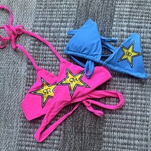 Lot Of 2 Rockstar Energy Drink Bikini Tops Only Size Small Star Logo Pink Blue